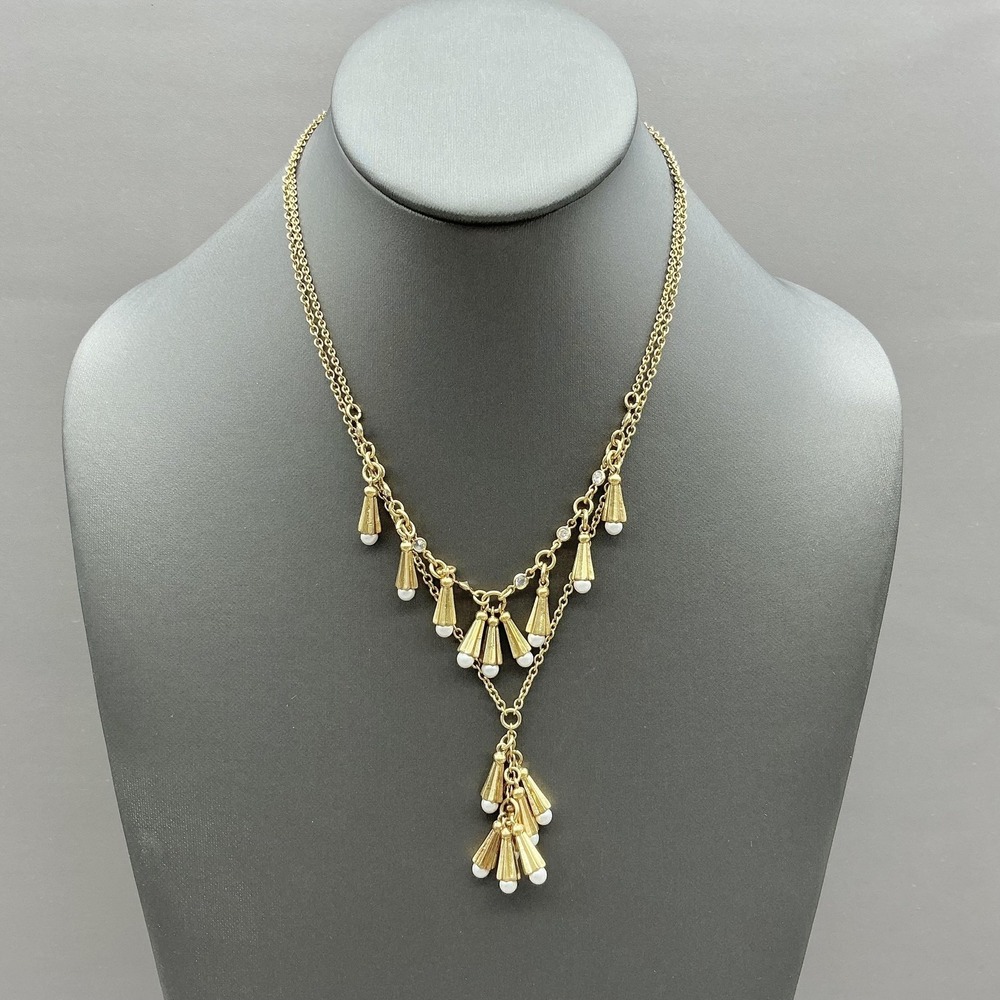 J.Crew Necklace Layered Fringe Y Drop Imitation Pearl Rhinestone Gold Tone 18"